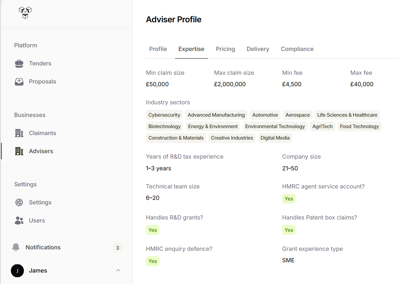 Tenderfy product screenshot — what a strong R&D tax tender looks like.