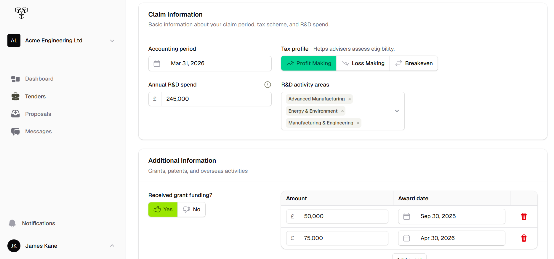 Tenderfy platform showing anonymised R&D tax tender proposals.